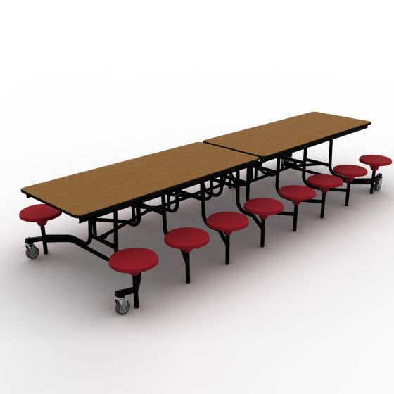 National Public Seating® Mobile Cafeteria Table with 16 Stools, 12'L, MDF Core, ProtectEdge, Textured Black Frame