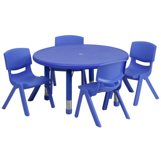 33" Round Adjustable Plastic Activity Table with 4 Stacking School Chairs-Blue