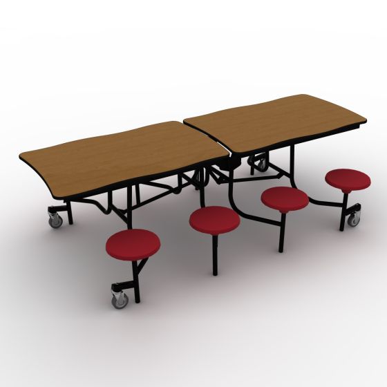 National Public Seating® Mobile Cafeteria Table with 8 Stools, 8' Swerve, MDF Core, ProtectEdge, Textured Black Frame