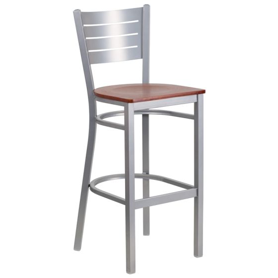 HUSKY Seating 500 LB Silver Slat Back Metal Restaurant Bar Height Stool with Wood Seat-Cherry