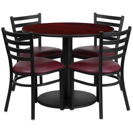 HUSKY Seating® 36" Round Laminate Circular Base Table Set With 4 Burgundy Ladder Chairs-Mahogany