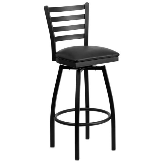 HUSKY Seating Heavy Duty 500 LB Black Metal Restaurant Bar Height Stool with Ladder Back & Swivel Seat - Black Vinyl