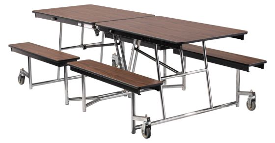 National Public Seating® Mobile Cafeteria Table with Benches, 8'L, Particleboard Core, Vinyl T-Mold Edge, Chrome Frame