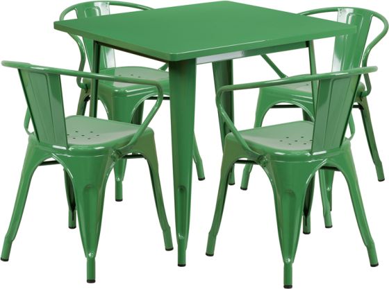 HUSKY Seating® Metal Indoor-Outdoor Square Restaurant Dining Set with 4 Arm Chairs-Green