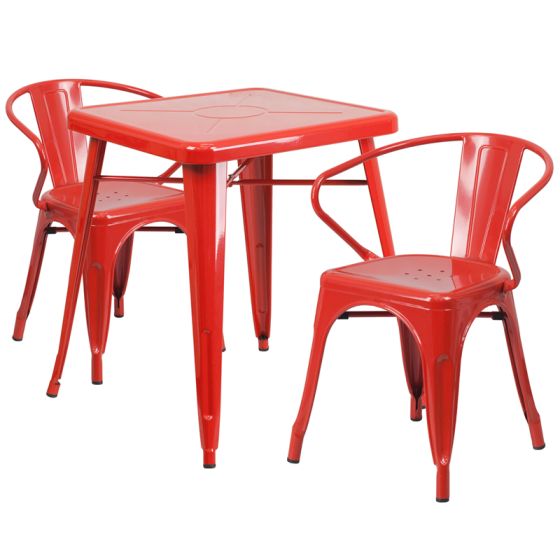 HUSKY Seating® Metal Indoor-Outdoor Restaurant Dining Set with 2 Arm Chairs-Red