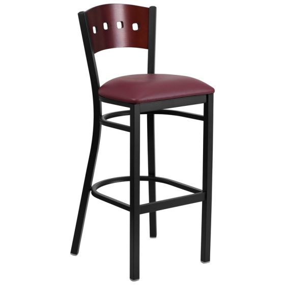 HUSKY Seating 500 LB Mahogany Wood Four Square Back Restaurant Bar Height Stool-Burgundy