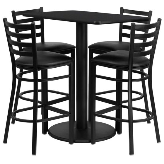 HUSKY Seating® 24"W x 42"L Rectangular Laminate Round Base Table Set With 4 Black Ladder Bar Stools-Black