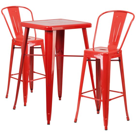 HUSKY Seating® Square Metal Indoor-Outdoor Bar Table & Bar Stool Set-Red