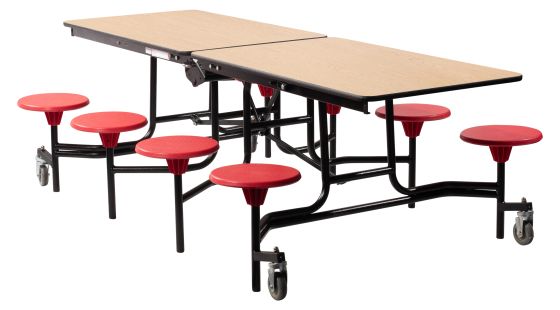 National Public Seating® Mobile Cafeteria Table with 8 Stools, 30" W x 96" L, Particleboard Core, 3MM PVC Edge , Textured Black Frame