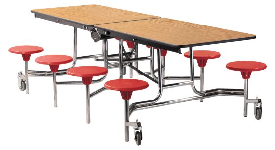 National Public Seating® Mobile Cafeteria Table with 8 Stools, 30" W x 96" L, MDF Core, ProtectEdge, Chrome Frame