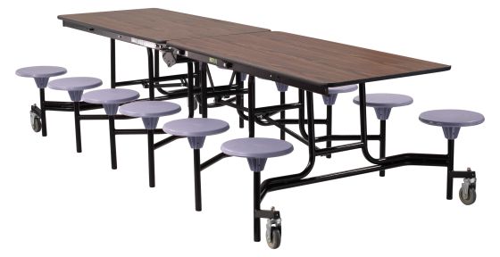 National Public Seating® Mobile Cafeteria Table with 12 Stools, 10'L, Particleboard Core, 3MM PVC Edge, Textured Black Frame