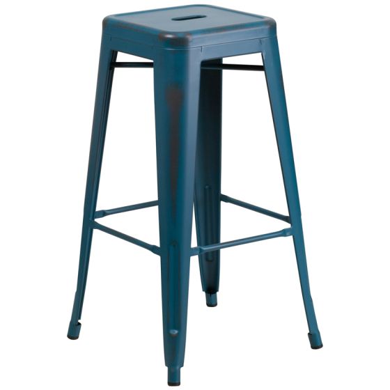 HUSKY Seating 500 LB Distressed 30" Indoor-Outdoor Stacking Metal Bar Stool with Square Seat-Teal