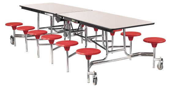 National Public Seating® Mobile Cafeteria Table with 12 Stools, 10'L, Particleboard Core, 3MM PVC Edge, Chrome Frame