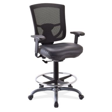 Breezeway Pro Mesh Back Task Stool with Adjustable Arms, Antimicrobial Upholstered Seat, Footring and Black Frame, Black Antimicrobial Vinyl Seat