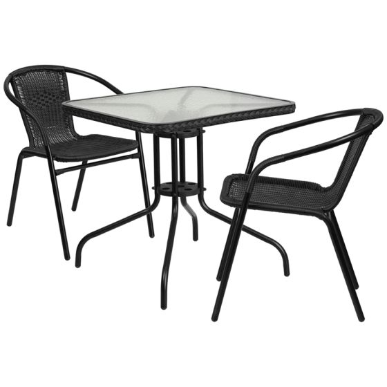 Thebes Series 28" Square Glass Table with Rattan Edging & 2 Rattan Stack Chairs-Black