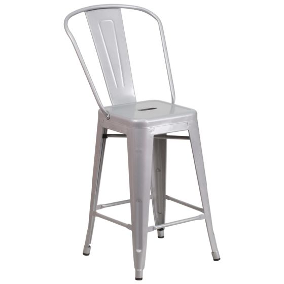 HUSKY Seating 500 LB Counter Height 24" Indoor-Outdoor Metal Bar Stool-Silver