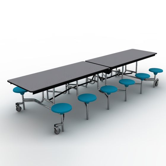 National Public Seating® Mobile Cafeteria Table with 12 Stools, 12'L, Particleboard Core, Vinyl T-Mold Edge, Chrome Frame