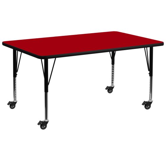 Heavy Duty 30" W x 72" L Mobile Rectangular Activity Table with  Thermal Fused Laminate Top-Red