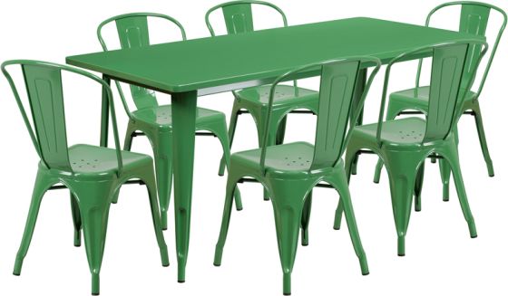 HUSKY Seating® Metal Indoor-Outdoor Rectangular Restaurant Dining Set with 6 Stack Chairs-Green