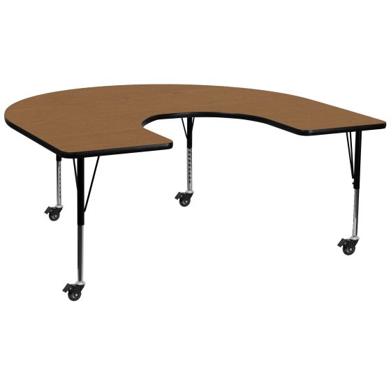 Adjustable Height 60" W x 66" L Mobile Horseshoe Thermal Fused Laminate Preschool Activity Table-Oak