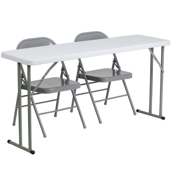 18" W X 60" L Folding Training Table with 2 Gray Metal Folding Chairs