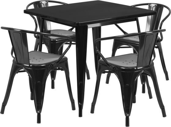 HUSKY Seating® Metal Indoor-Outdoor Square Restaurant Dining Set with 4 Arm Chairs-Black