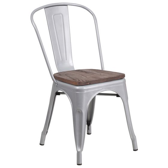 HUSKY Seating 500 LB Silver Metal Stackable Chair with Wood Seat