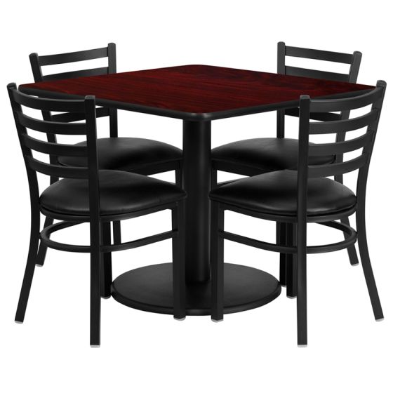HUSKY Seating® 36"W x 36"L Square Laminate Round Base Table Set With 4 Black Ladder Chairs-Mahogany