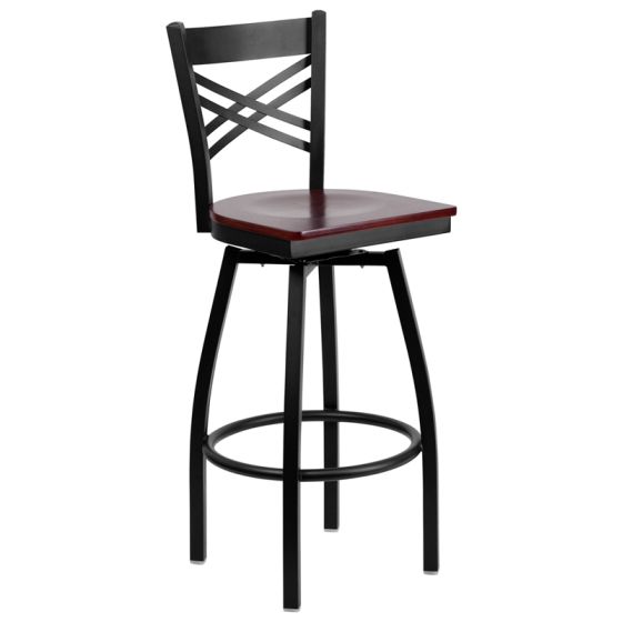 HUSKY Seating Heavy Duty 500 LB Black Metal Restaurant Bar Height Stool with X-Back & Swivel Wood Seat - Mahogany