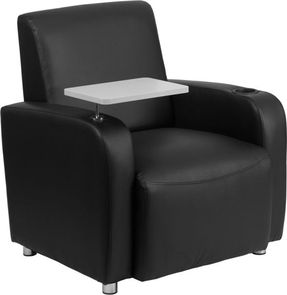 Black Leather Guest Chair With Tablet Arm, Chrome Legs, & Cup Holder-Black