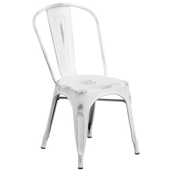 HUSKY Seating 500 LB Distressed Bistro Style Metal Indoor-Outdoor Stackable Chair-White
