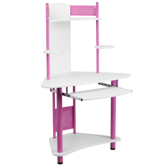 Corner Computer Desk for Kids, with Upper & Lower Shelves-Pink