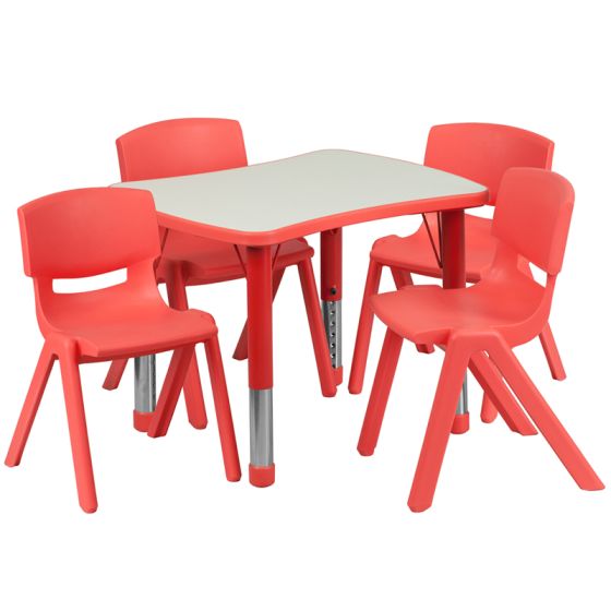 22" W X 27" L Adjustable Rectangular Plastic Activity Table Set with 4 Stacking School Chairs-Red