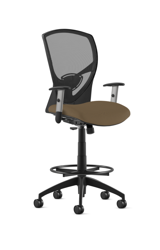 9to5 Seating Theory Mid-Back 300 LB Counter Height Office Stool, Mesh Back, Upholstered Seat, Simple Synchro Control, Silver Two-Way Adjustable Arms
