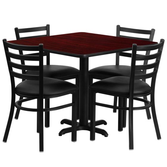 HUSKY Seating® 36"W x 36"L Square Laminate X-Base Table Set With 4 Black Ladder Chairs-Mahogany