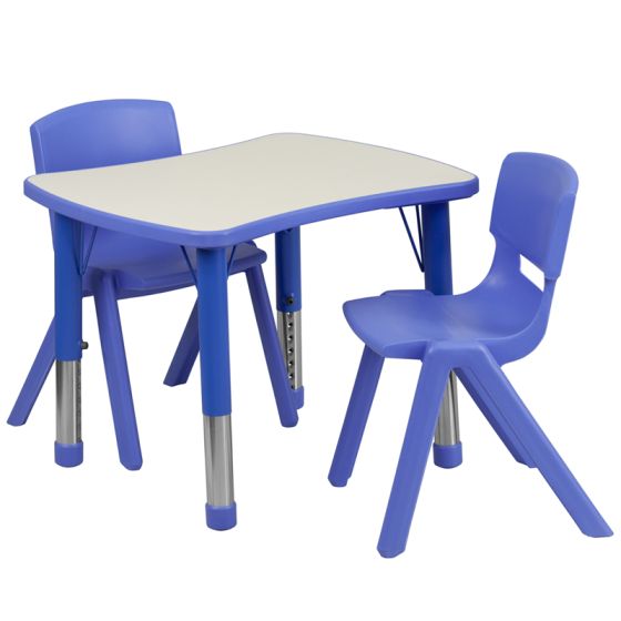 22" W X 27" L Adjustable Rectangular Plastic Activity Table Set with 2 Stacking School Chairs-Blue