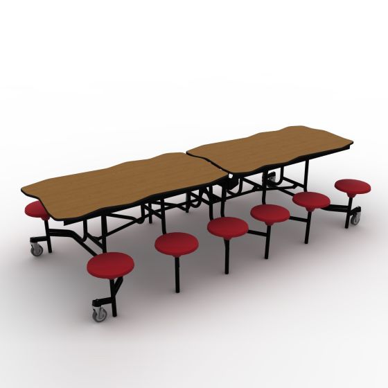 National Public Seating® Mobile Cafeteria Table with 12 Stools, 10' Bedrock, Plywood Core, Vinyl T-Mold Edge, Textured Black Frame
