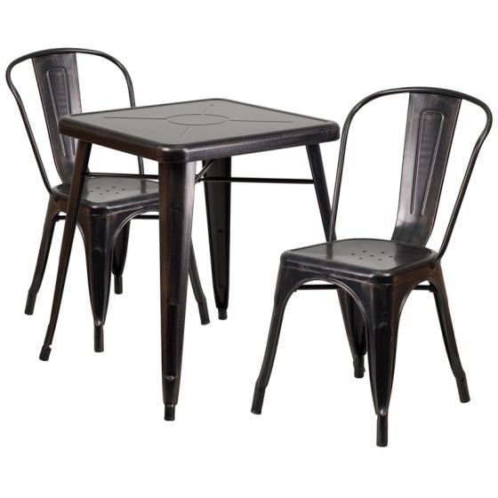 HUSKY Seating® Antique Black Gold Metal Indoor-Outdoor Restaurant Dining Set with 2 Chairs