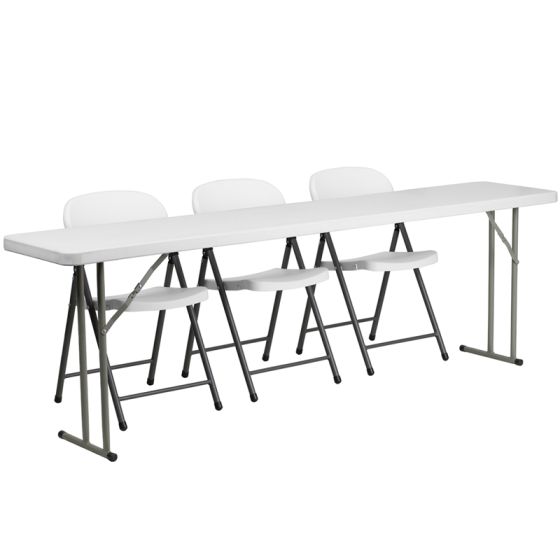 18" W X 96" L Folding Training Table with 3 White Plastic Folding Chairs