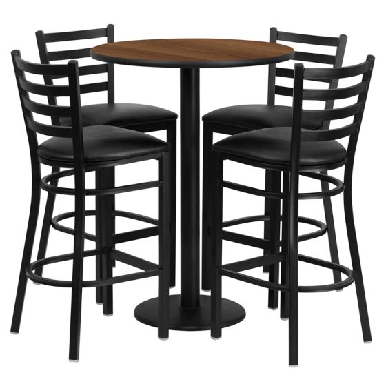 HUSKY Seating® 30" Round Laminate Round Base Table Set With 4 Black Ladder Bar Stools-Walnut