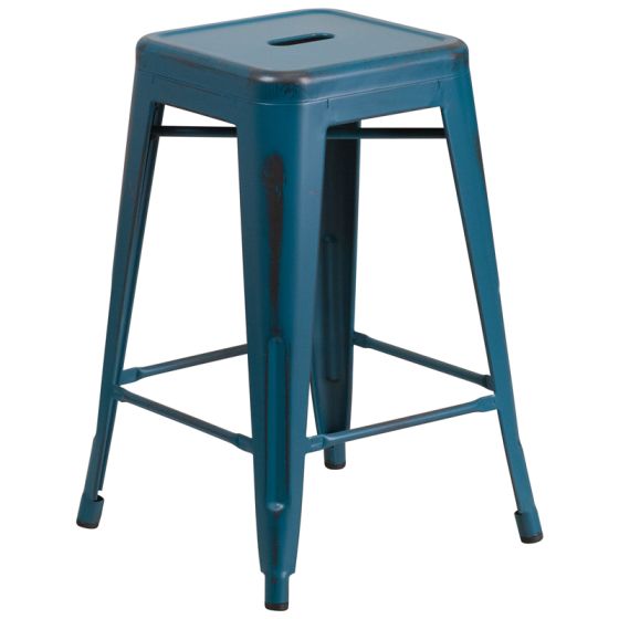 HUSKY Seating 500 LB Distressed Counter Height 24" Indoor-Outdoor Stacking Metal Bar Stool with Square Seat-Teal