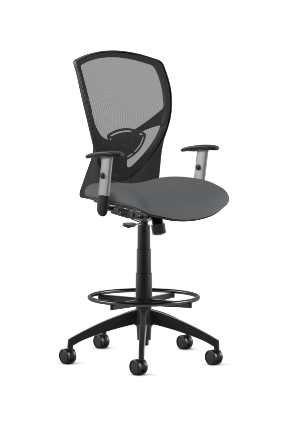 9to5 Seating Theory Mid-Back 300 LB Counter Height Office Stool, Mesh Back, Upholstered Seat, Simple Synchro Control, Silver Four-Way Adjustable Arms