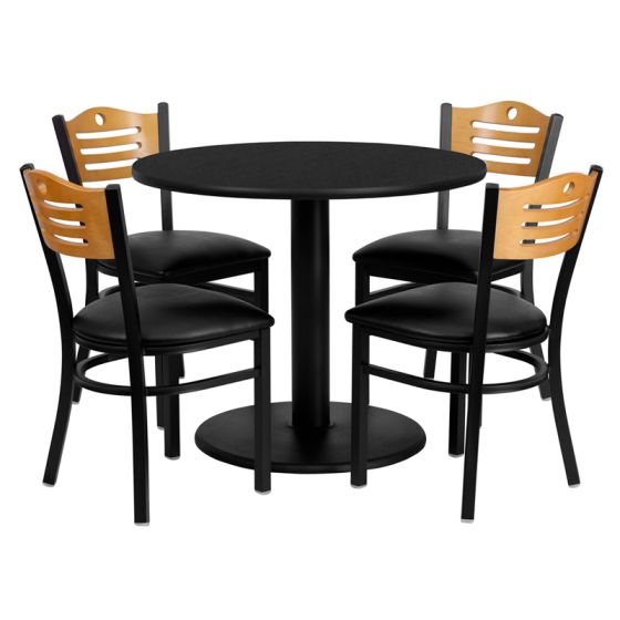 HUSKY Seating® 36" Round Black Laminate Circular Base Table Set With 4 Wood Slat Back Metal Frame Chairs