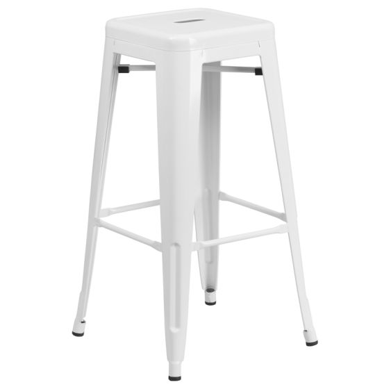 HUSKY Seating 500 LB Modern 30" Indoor-Outdoor Stacking Metal Bar Stool with Square Seat-White