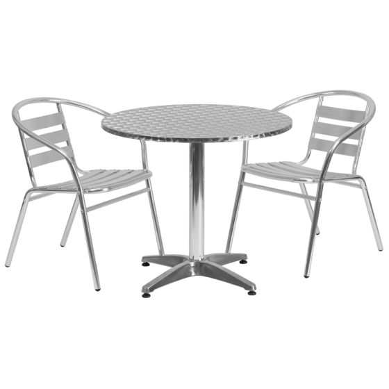 Thebes Series 31.5" Round Aluminum Indoor-Outdoor Table with 2 Slat Back Chairs