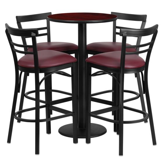 HUSKY Seating® 24" Round Laminate Round Base Table Set With 4 Burgundy Ladder Bar Stools-Mahogany
