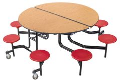National Public Seating® Mobile Cafeteria Table with 8 Stools, 60" Round, MDF Core, ProtectEdge, Textured Black Frame